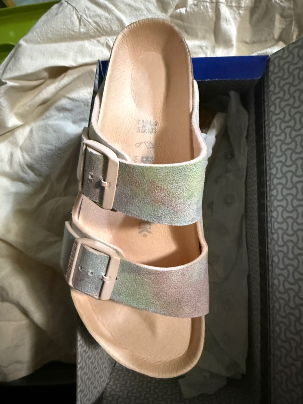 Birkenstock Two-Buckle Suede Slide Sandal in Pink and Green Iridescent